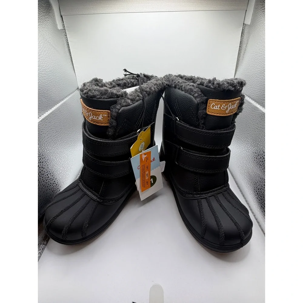 Cat & Jack Kids Black Snow Boots Faux Fur Lined Winter Duck Boots Size 11 NEW